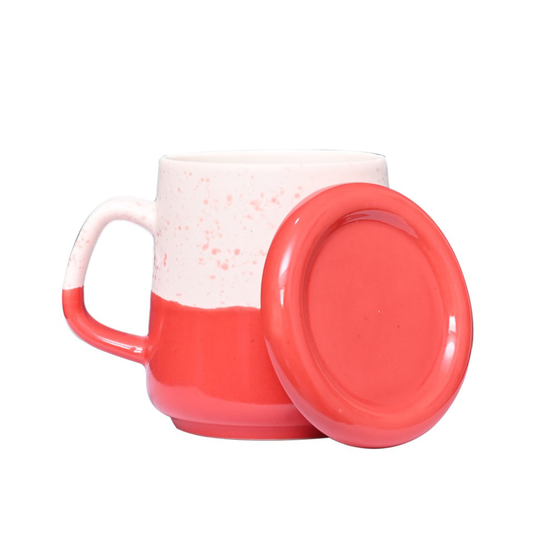 Two-Tone Ceramic Mug with Lid  - White & Coral