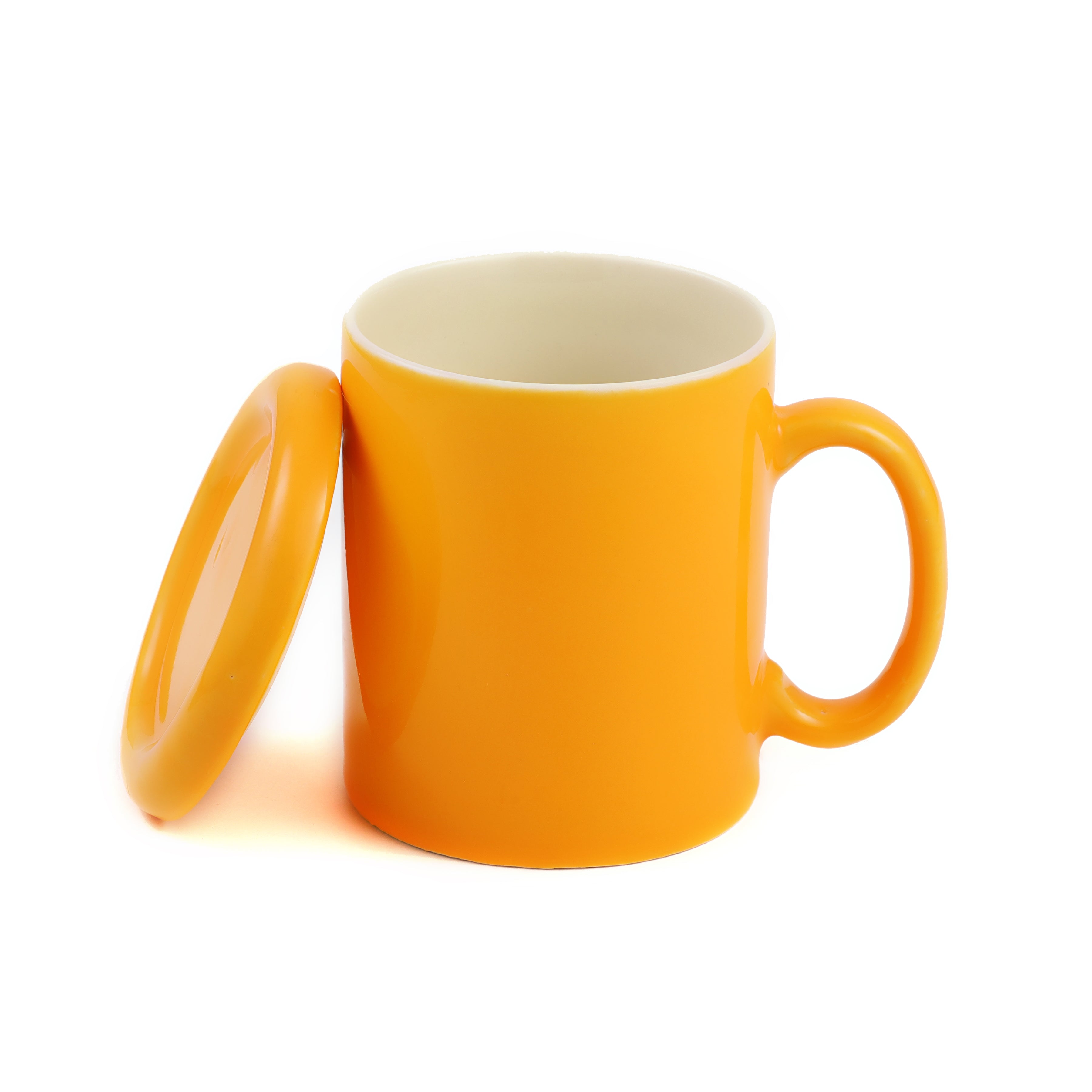 Solid Yellow & White Ceramic Juice Mug with Lid