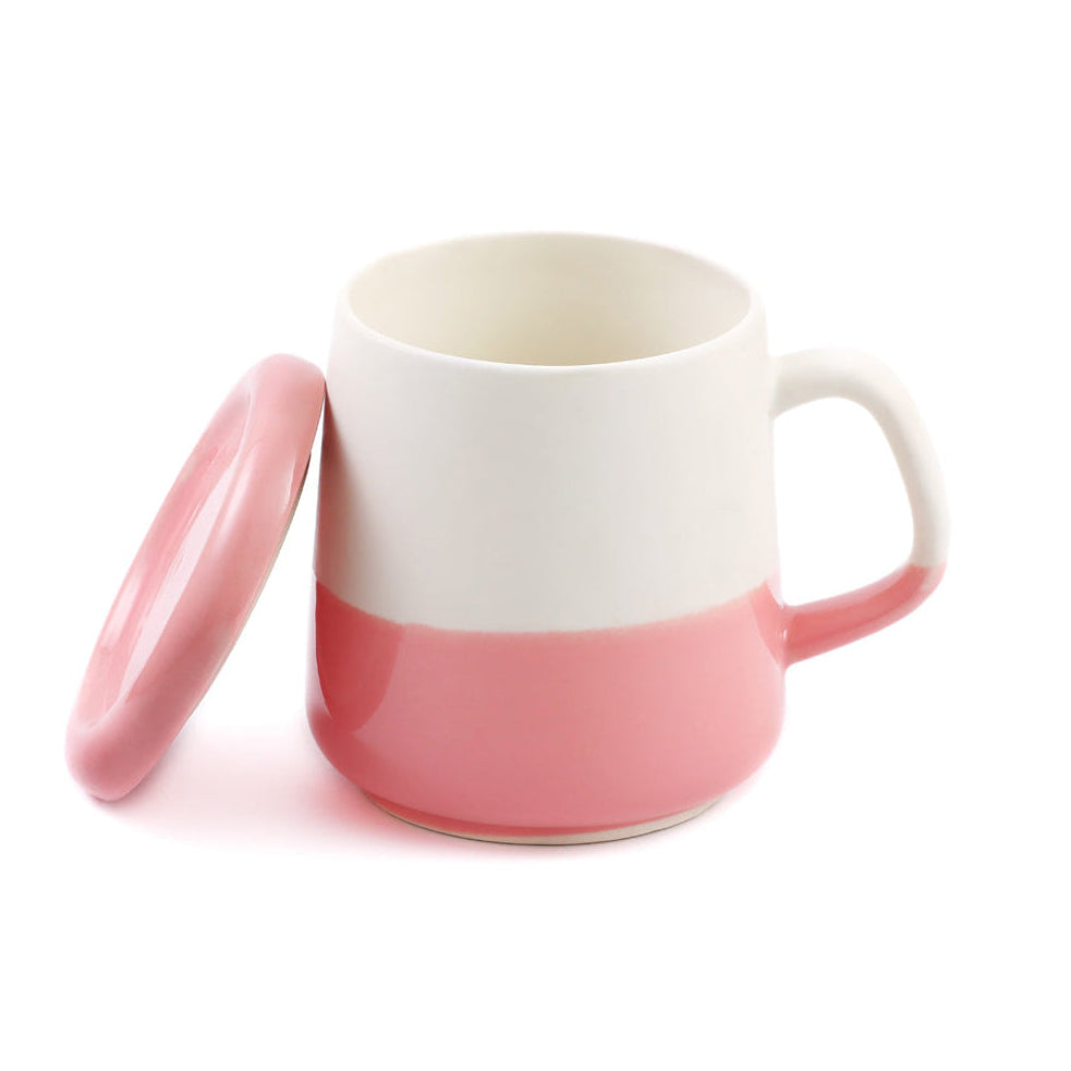 Two-Tone Ceramic Mug with Lid - White & Pink