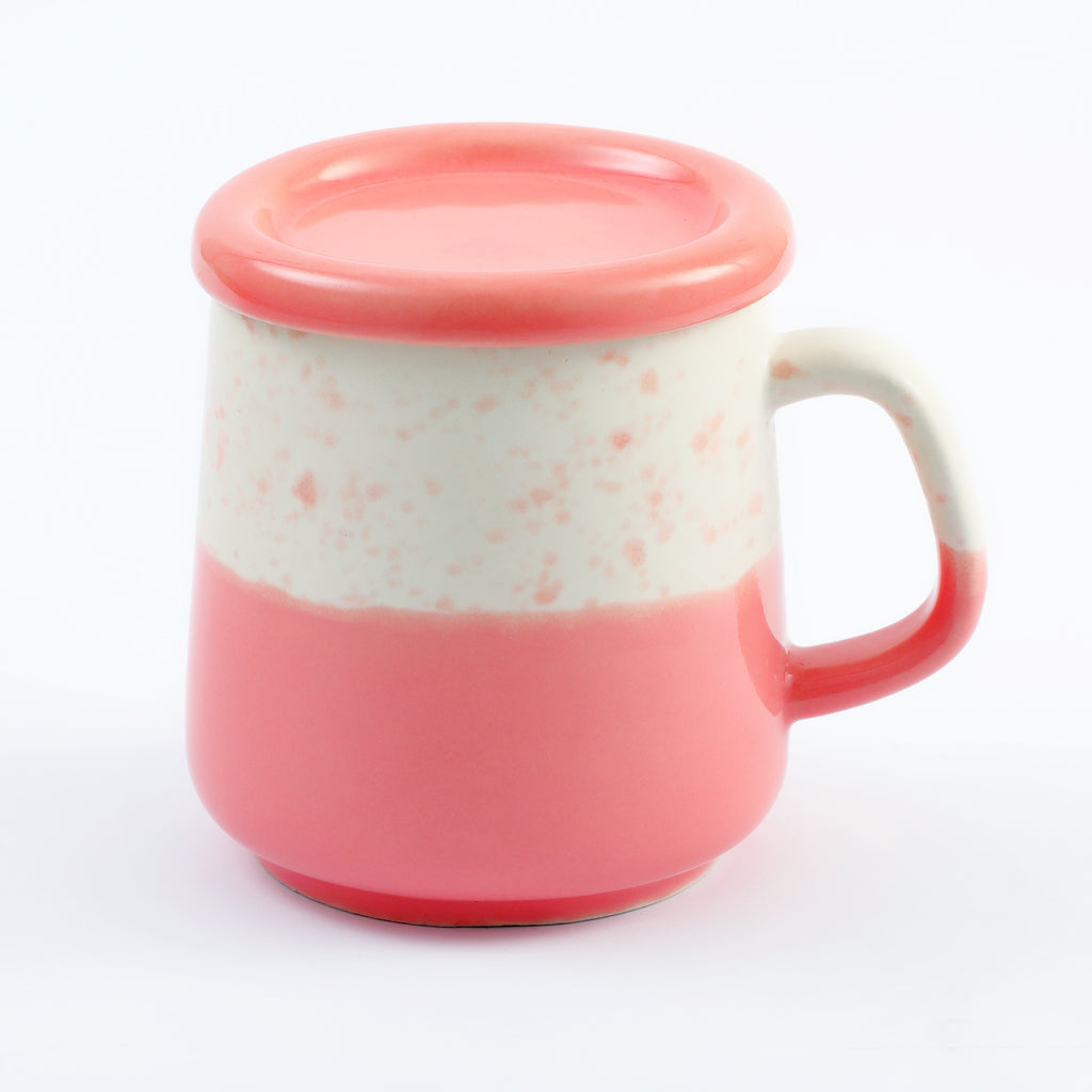 Two-Tone Dotted Ceramic Mug with Lid - Pink & White