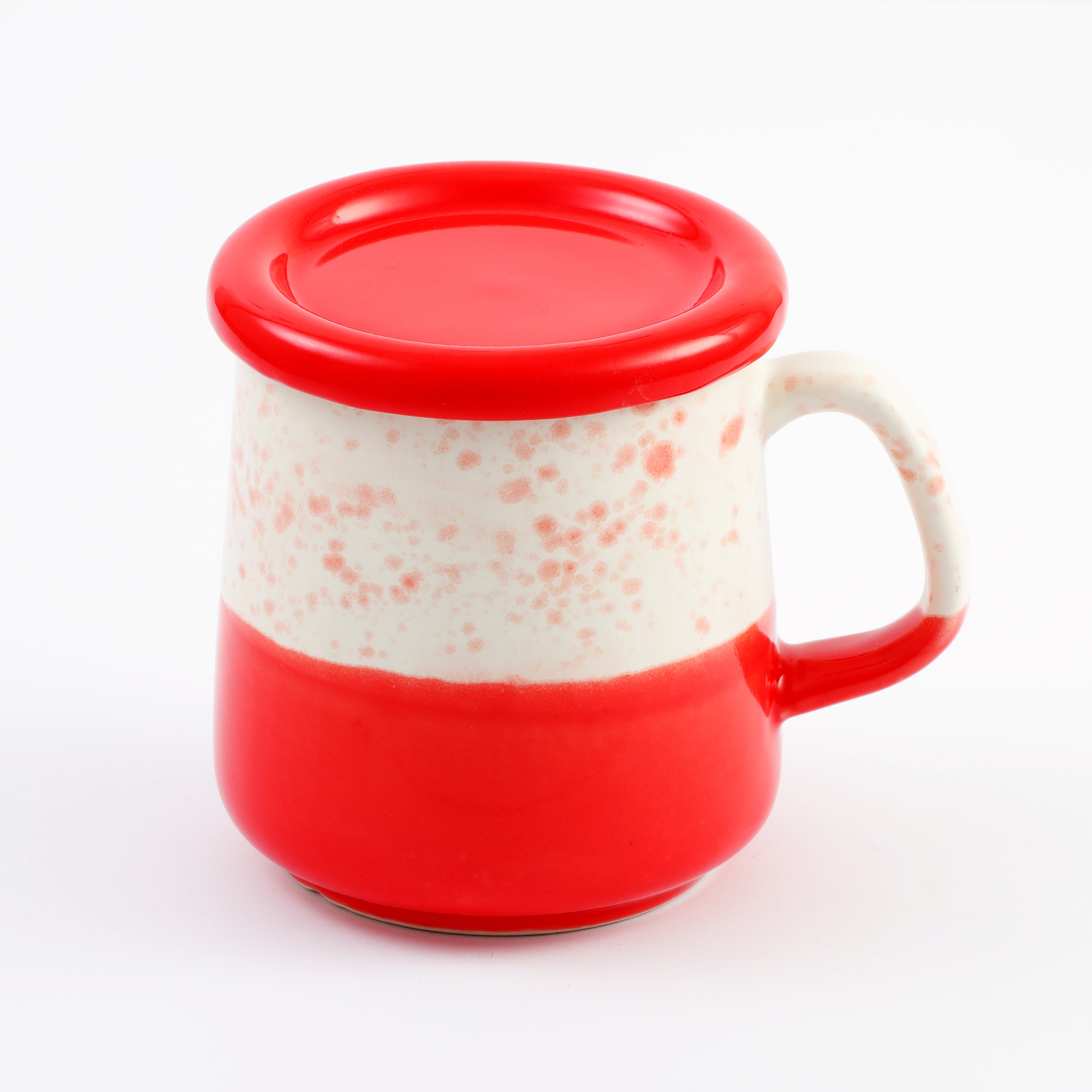 Two-Tone Ceramic Dotted Mug with Lid  - White & Red