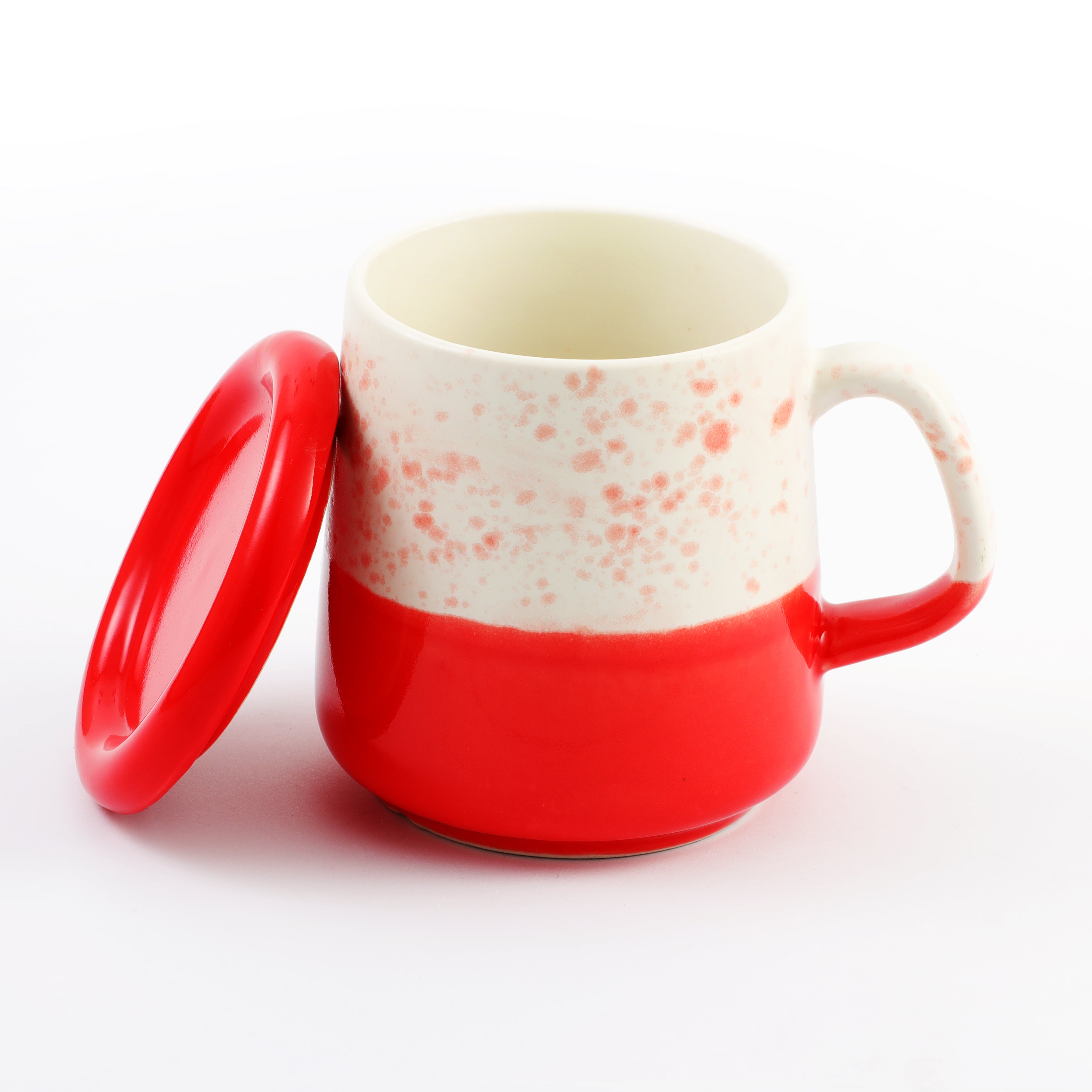 Two-Tone Ceramic Dotted Mug with Lid  - White & Red