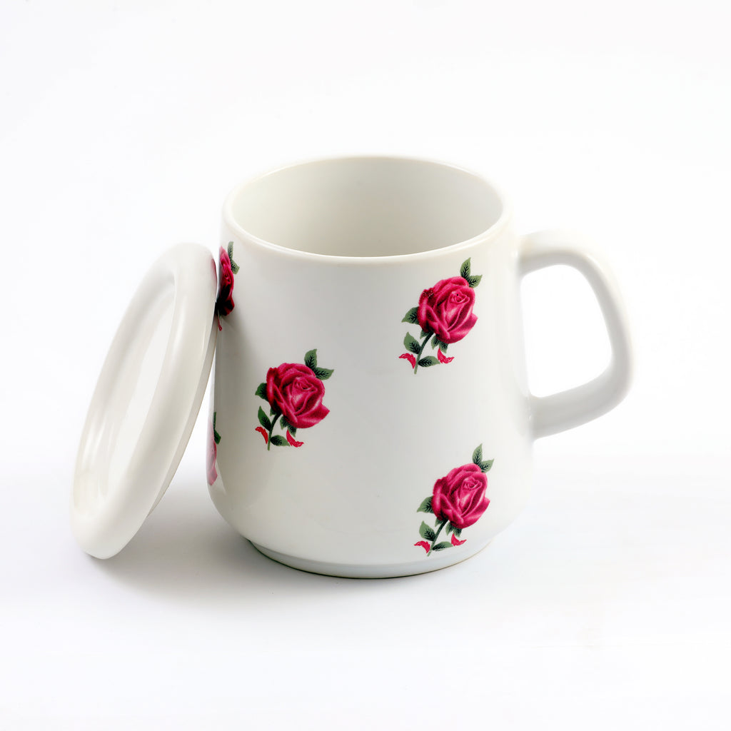 Rose White Ceramic Big Mug with Lid