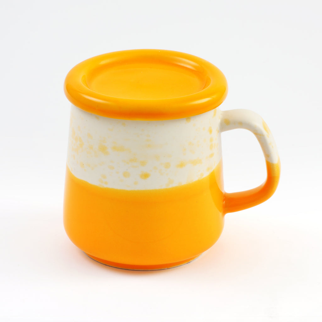Two-Tone Dotted Ceramic Mug with Lid - Yellow & White