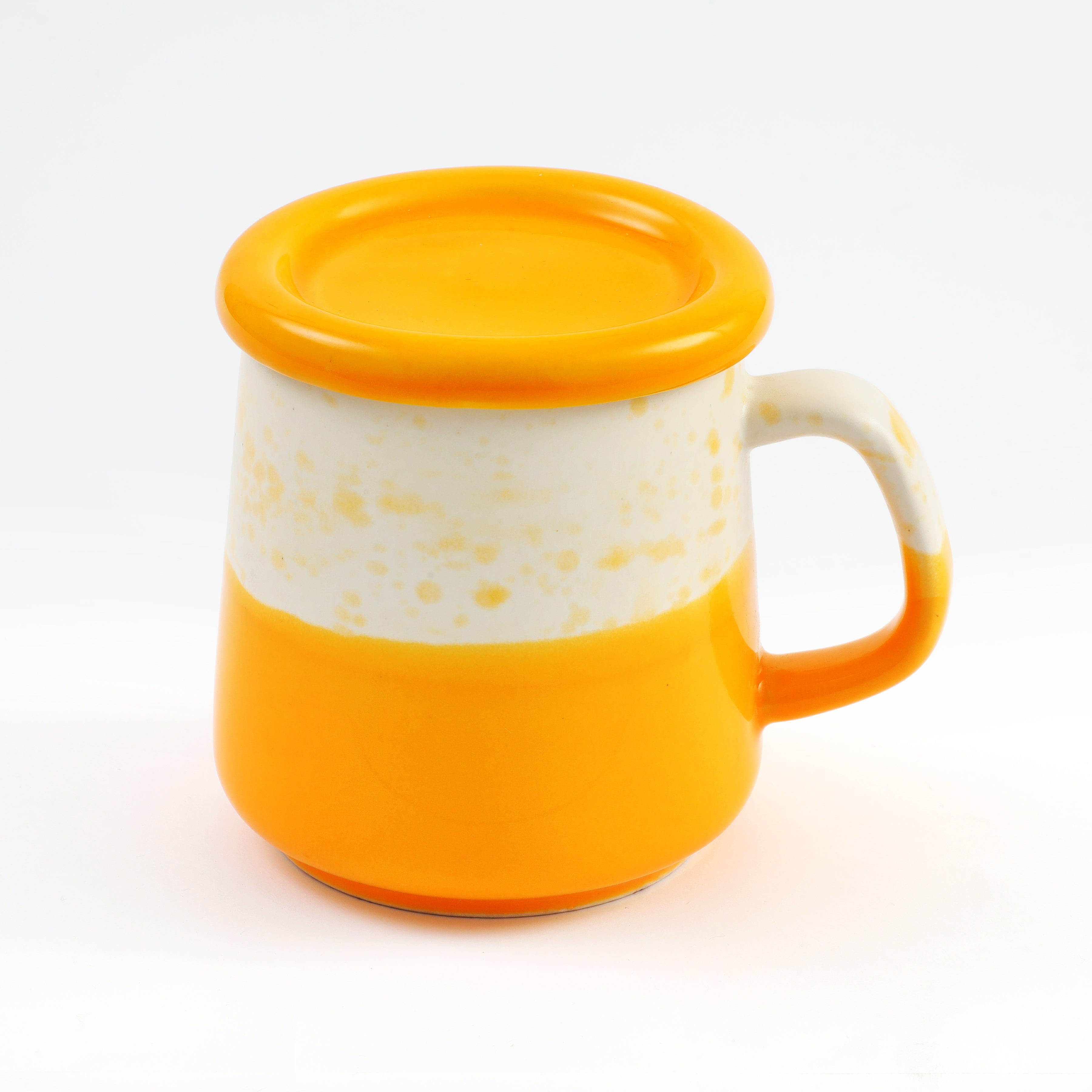 Two-Tone Dotted Ceramic Mug with Lid - Yellow & White